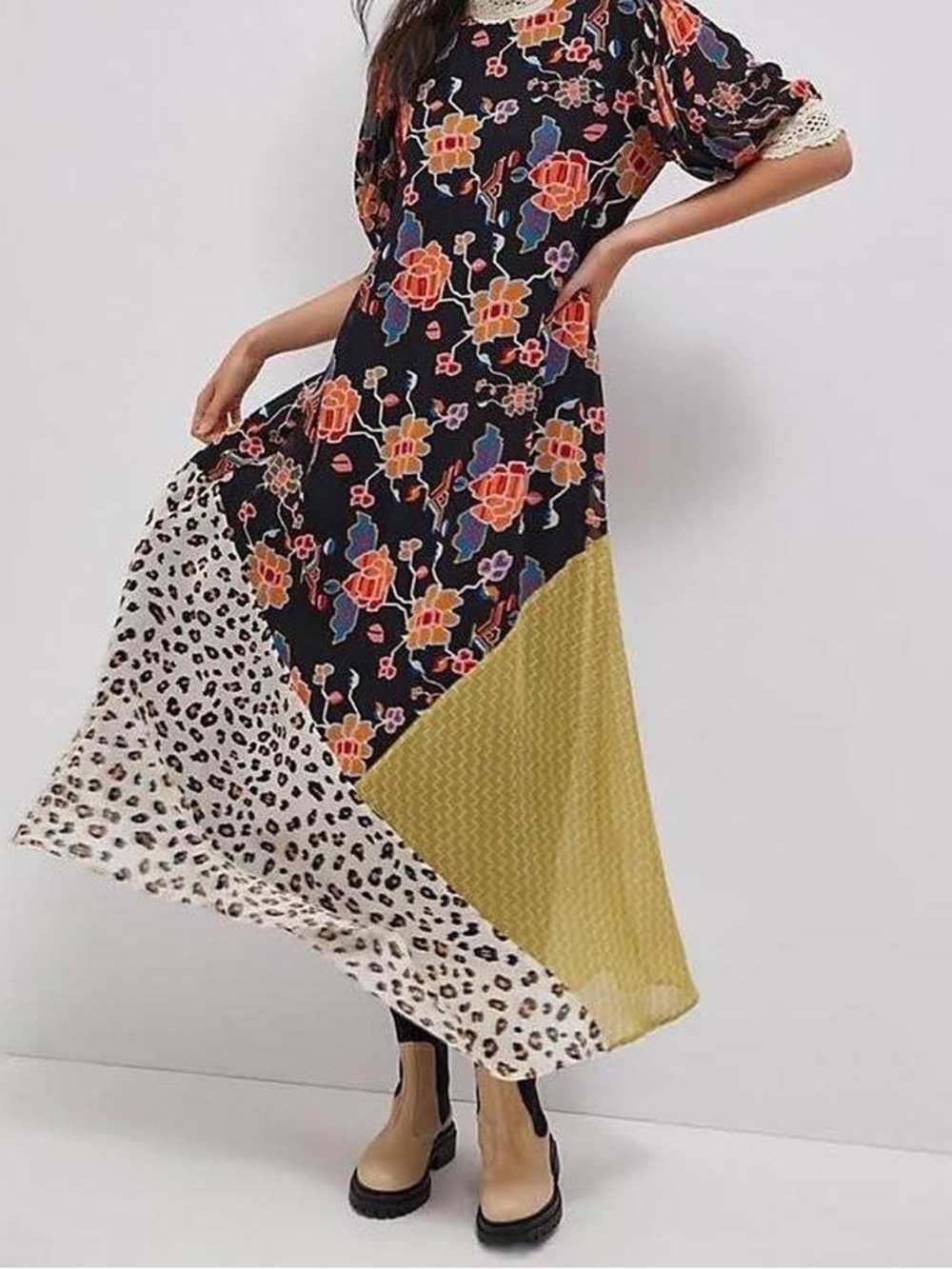 Anthropologie Floral and Leopard Maxi Dress - Black, Red, Yellow